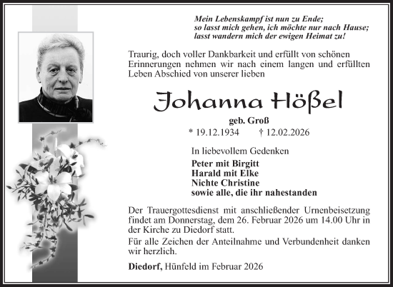 Traueranzeige von Johanna Hößel von Südthüringer Presse