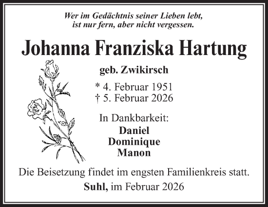 Traueranzeige von Johanna Franziska Hartung von Südthüringer Presse