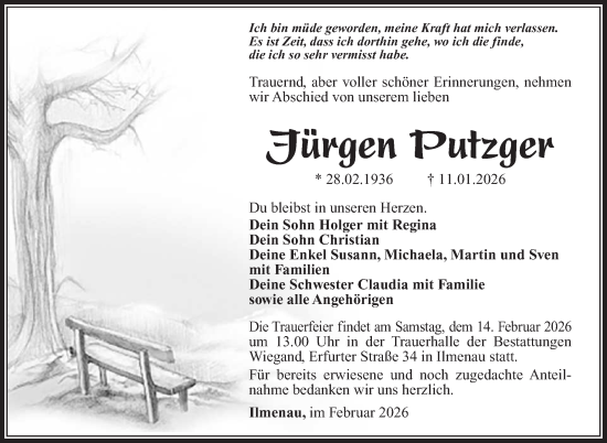 Traueranzeige von Jürgen Putzger von Südthüringer Presse