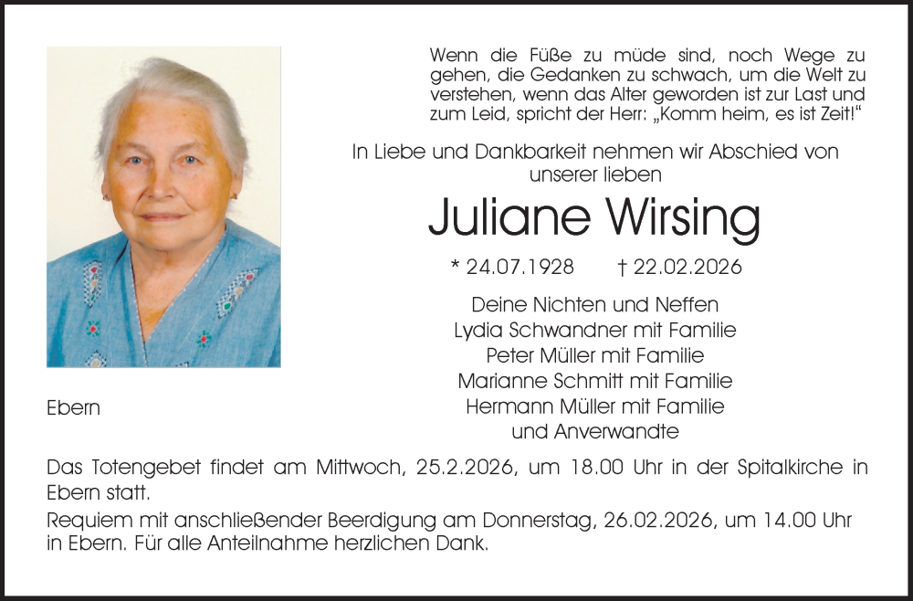  Traueranzeige für Juliane Wirsing vom 25.02.2026 aus Neue Presse Coburg