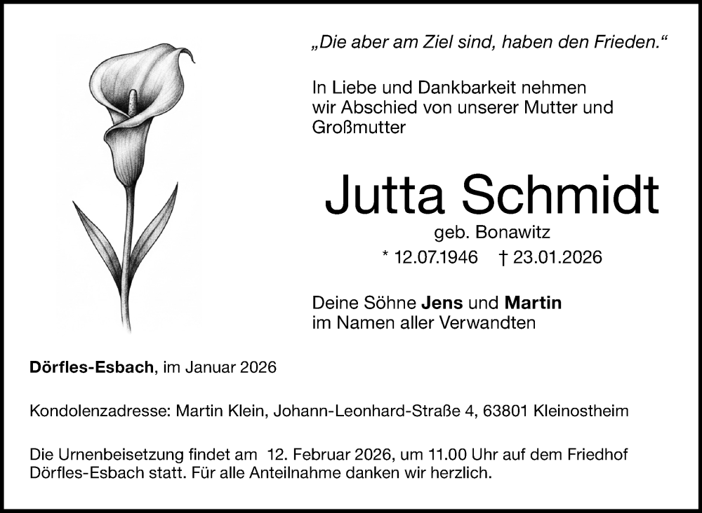  Traueranzeige für Jutta Schmidt vom 07.02.2026 aus Neue Presse Coburg