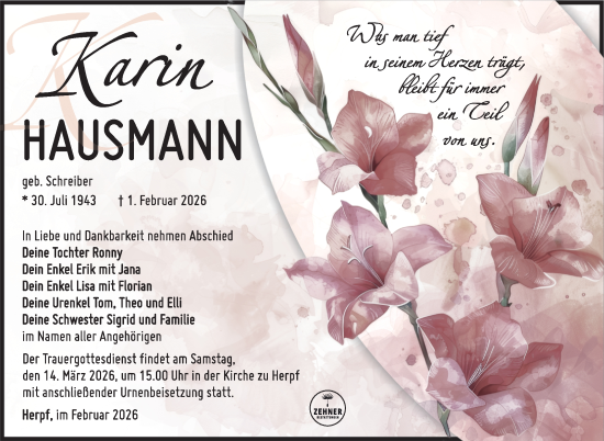 Traueranzeige von Karin Hausmann von Südthüringer Presse