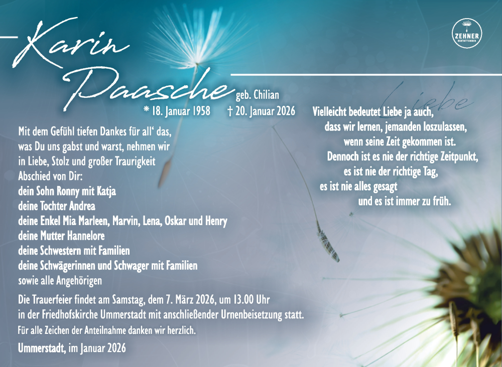  Traueranzeige für Karin Paasche vom 21.02.2026 aus Südthüringer Presse