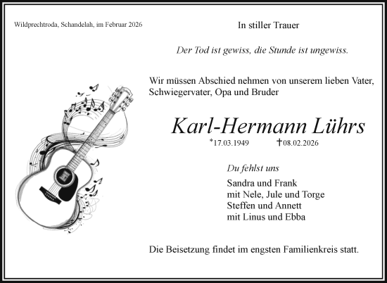 Traueranzeige von Karl-Hermann Lührs von Südthüringer Presse