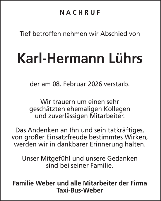 Traueranzeige von Karl-Hermann Lührs von Südthüringer Presse