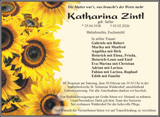 Traueranzeige von Katharina Zintl von Frankenpost