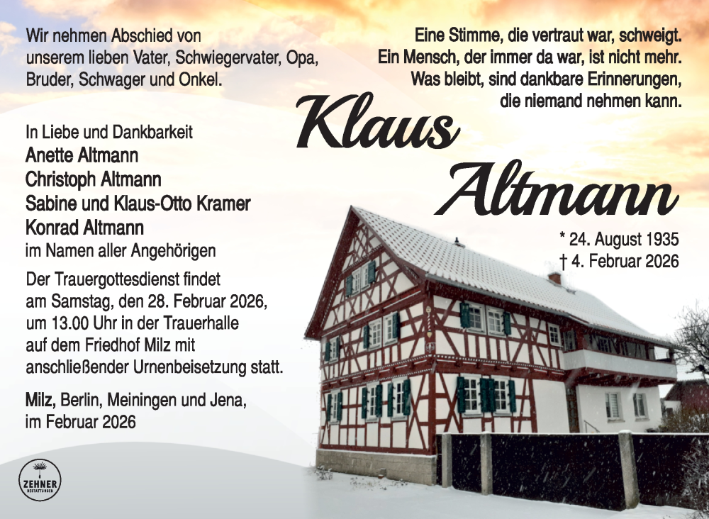  Traueranzeige für Klaus Altmann vom 14.02.2026 aus Südthüringer Presse