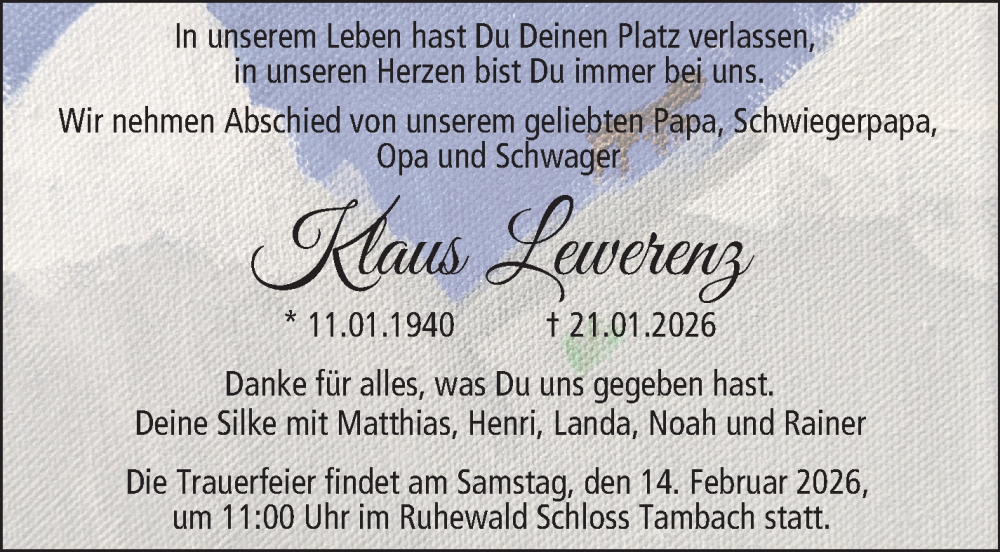  Traueranzeige für Klaus Lewerenz vom 07.02.2026 aus Neue Presse Coburg