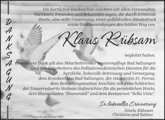 Traueranzeige von Klaus Rübsam von Südthüringer Presse