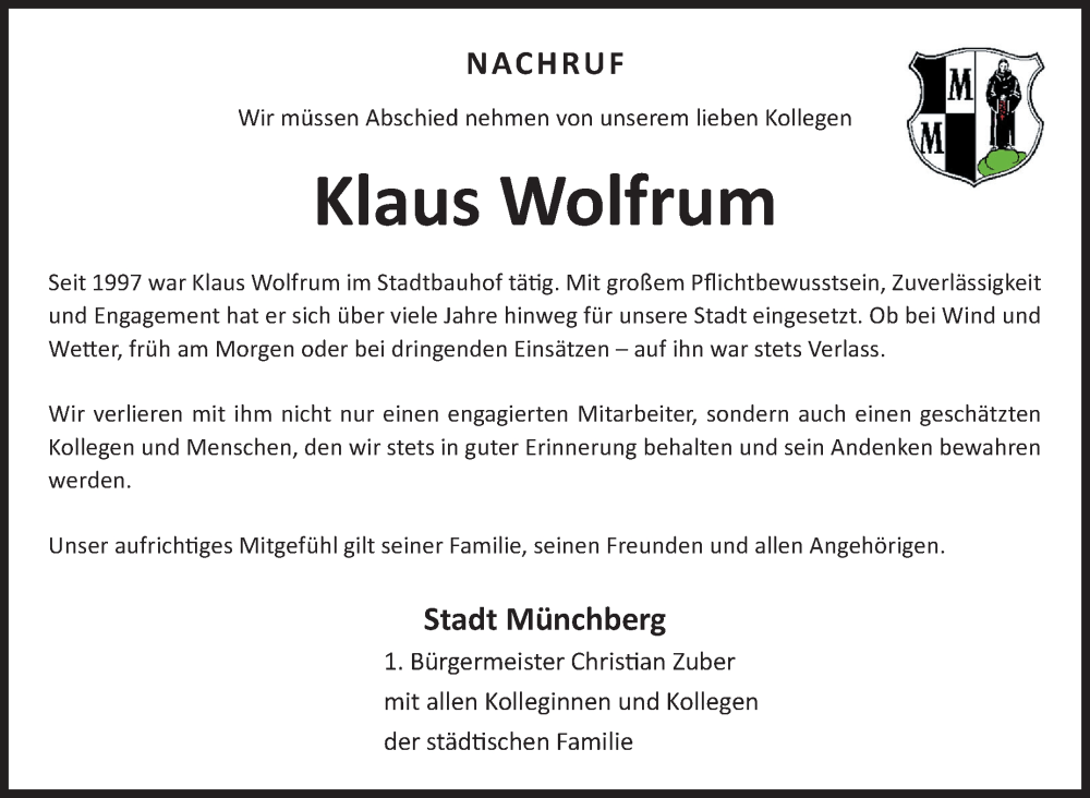  Traueranzeige für Klaus Wolfrum vom 21.02.2026 aus Frankenpost