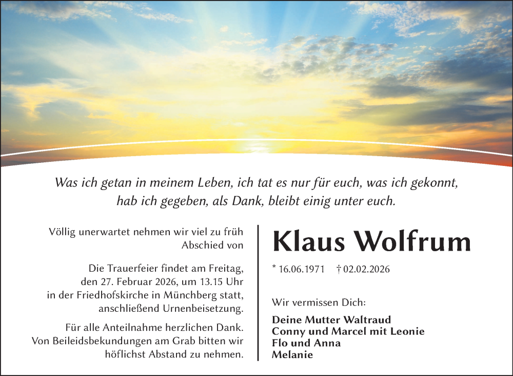  Traueranzeige für Klaus Wolfrum vom 21.02.2026 aus Frankenpost