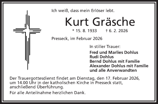 Traueranzeige von Kurt Gräsche von Frankenpost