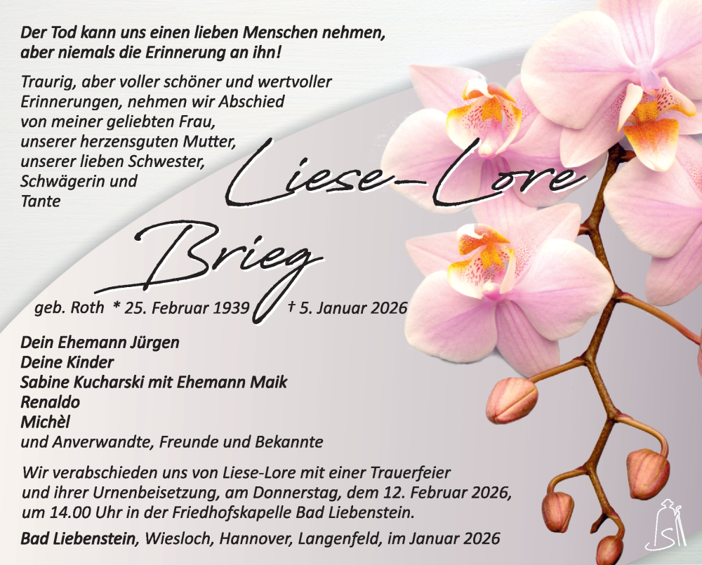  Traueranzeige für Liese-Lore Brieg vom 07.02.2026 aus Südthüringer Presse