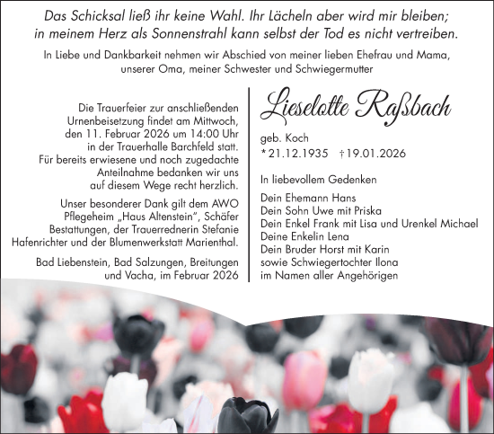 Traueranzeige von Lieselotte Raßbach von Südthüringer Presse