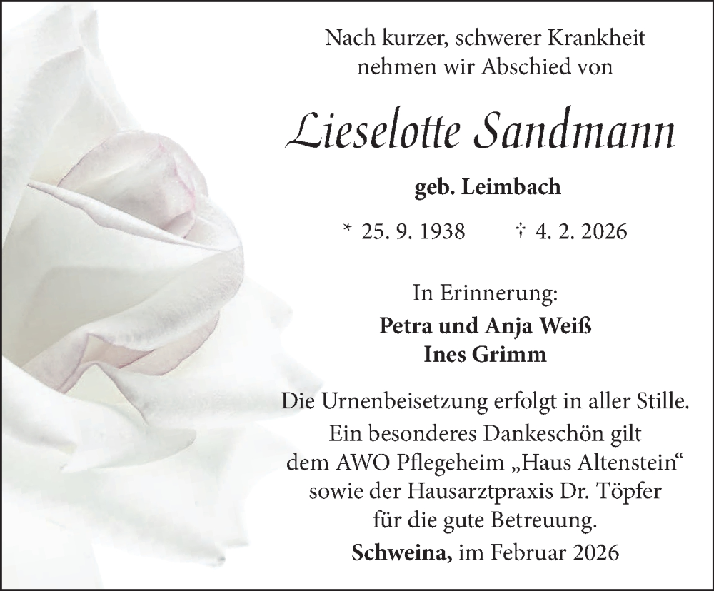  Traueranzeige für Lieselotte Sandmann vom 14.02.2026 aus Südthüringer Presse