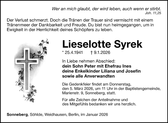 Traueranzeige von Lieselotte Syrek von Südthüringer Presse