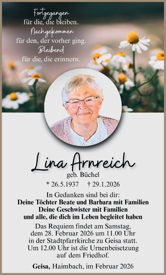 Traueranzeige von Lina Arnreich von Südthüringer Presse