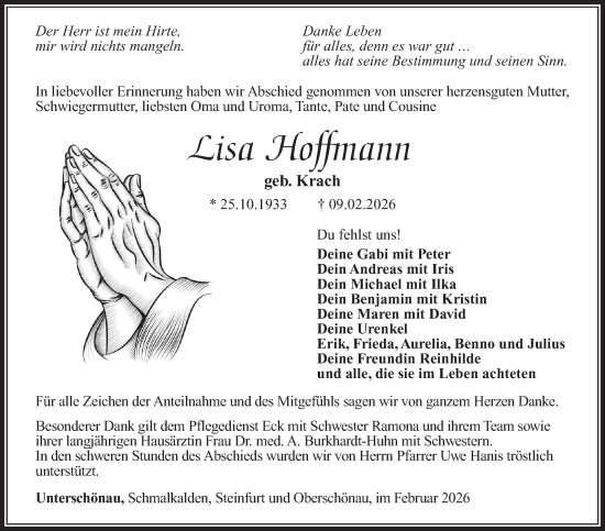 Traueranzeige von Lisa Hoffmann von Südthüringer Presse