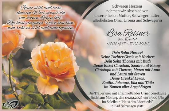 Traueranzeige von Lisa Reißner von Südthüringer Presse
