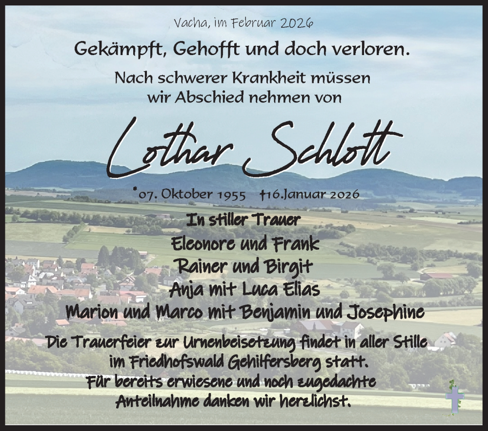  Traueranzeige für Lothar Schlott vom 21.02.2026 aus Südthüringer Presse
