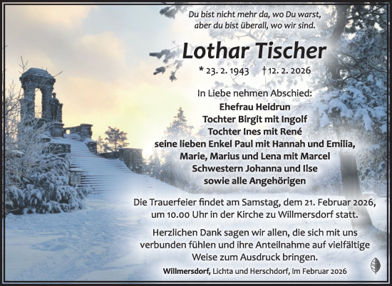 Traueranzeige von Lothar Tischer von Südthüringer Presse