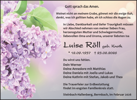 Traueranzeige von Luise Röll von Südthüringer Presse