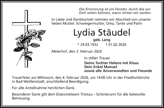 Traueranzeige von Lydia Stäudel von Frankenpost