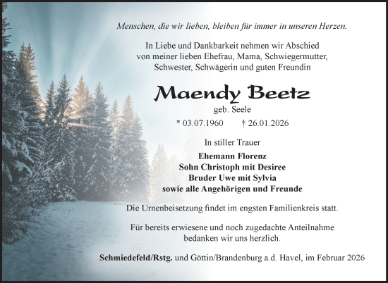 Traueranzeige von Maendy Beetz von Südthüringer Presse