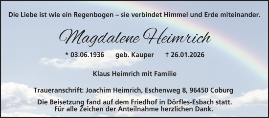 Traueranzeige von Magdalene Heimrich von Neue Presse Coburg
