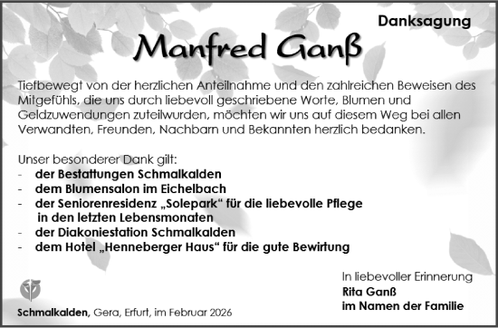 Traueranzeige von Manfred Ganß von Südthüringer Presse