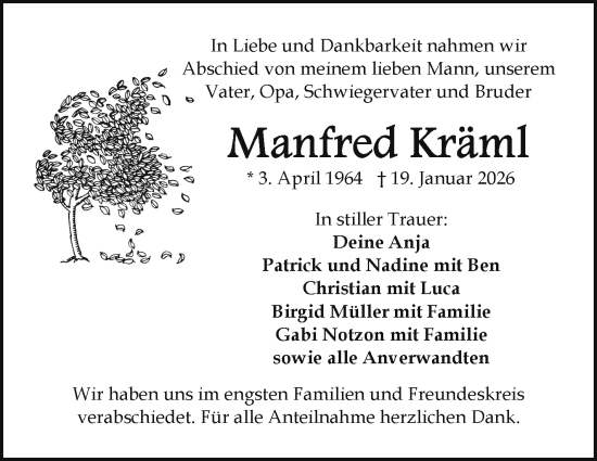 Traueranzeige von Manfred Kräml von Frankenpost