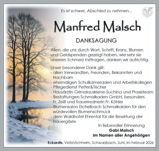 Traueranzeige von Manfred Malsch von Südthüringer Presse