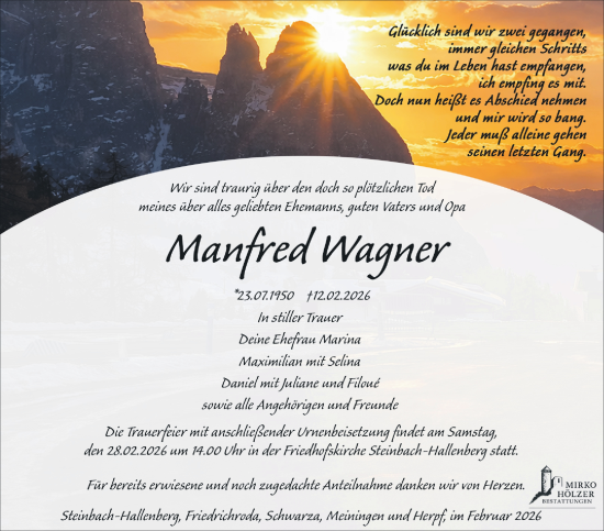 Traueranzeige von Manfred Wagner von Südthüringer Presse