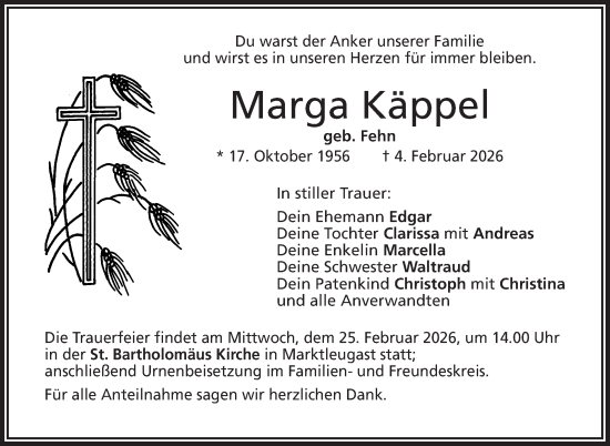 Traueranzeige von Marga Käppel von Frankenpost