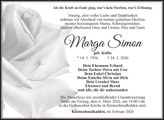 Traueranzeige von Marga Simon von Südthüringer Presse