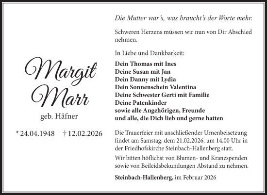 Traueranzeige von Margit Marr von Südthüringer Presse