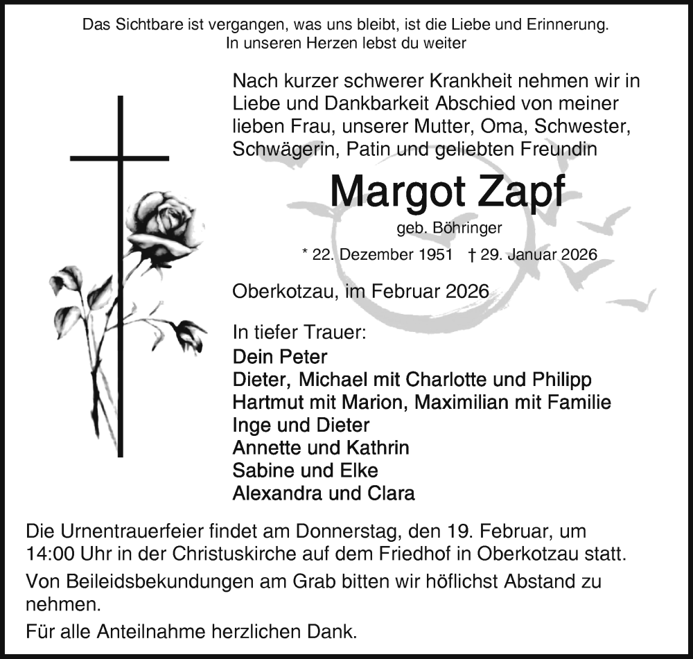  Traueranzeige für Margot Zapf vom 14.02.2026 aus Frankenpost