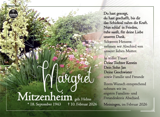 Traueranzeige von Margret Mitzenheim von Südthüringer Presse