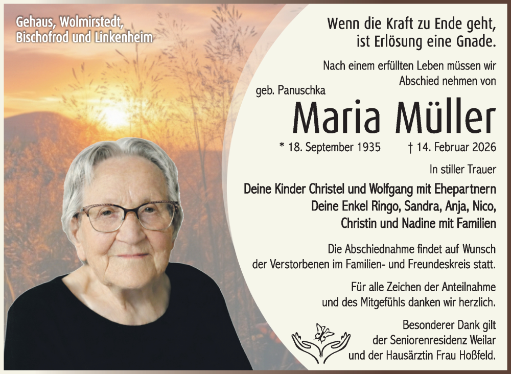  Traueranzeige für Maria Müller vom 21.02.2026 aus Südthüringer Presse