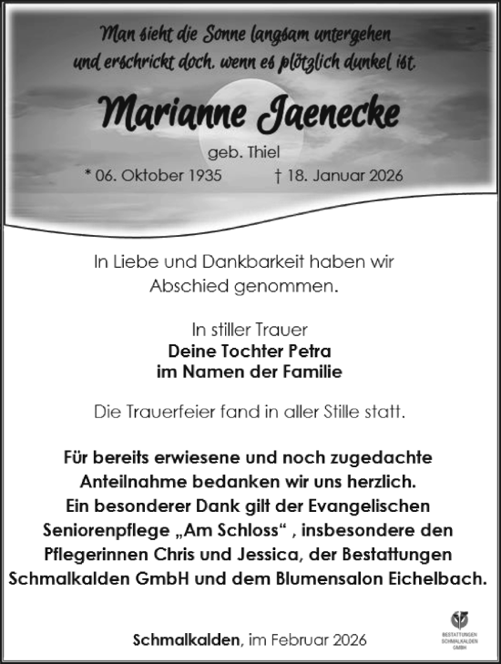 Traueranzeige von Marianne Jaenecke von Südthüringer Presse