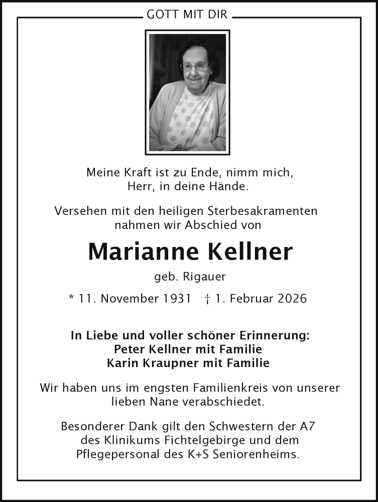  Traueranzeige für Marianne Kellner vom 07.02.2026 aus Frankenpost