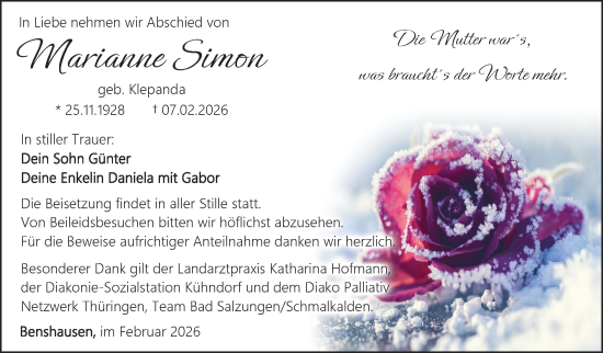 Traueranzeige von Marianne Simon von Südthüringer Presse