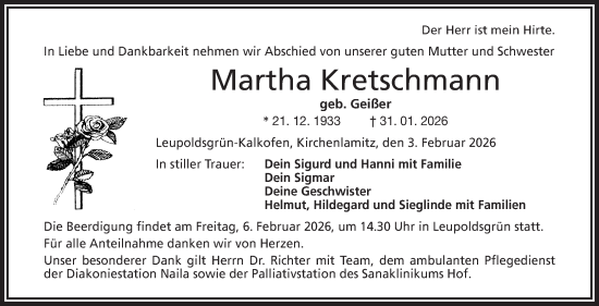 Traueranzeige von Martha Kretschmann von Frankenpost