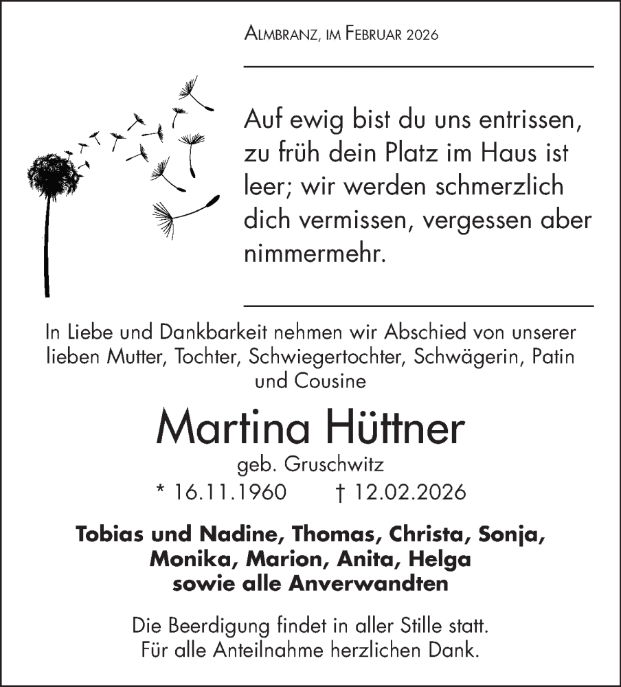  Traueranzeige für Martina Hüttner vom 17.02.2026 aus Frankenpost
