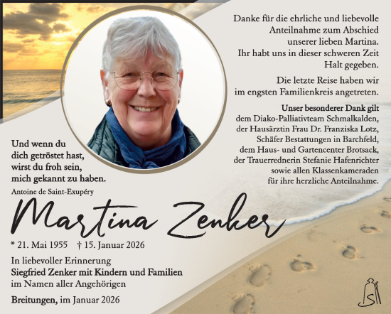 Traueranzeige von Martina Zenker von Südthüringer Presse
