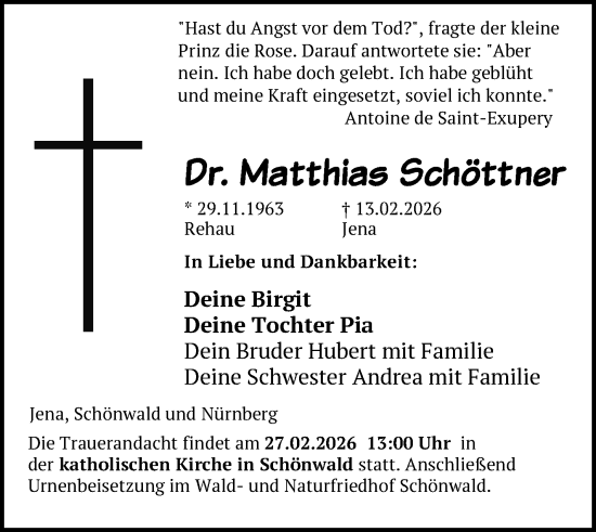 Traueranzeige von Matthias Schöttner von Frankenpost