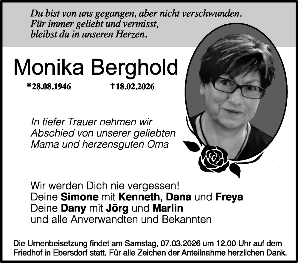  Traueranzeige für Monika Berghold vom 28.02.2026 aus Neue Presse Coburg