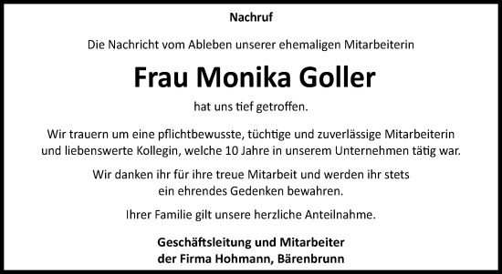 Traueranzeige von Monika Goller von Frankenpost