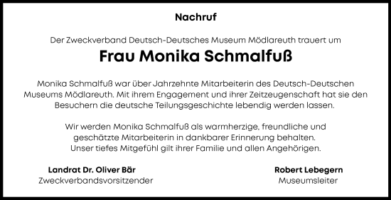 Traueranzeige von Monika Schmalfuß von Frankenpost