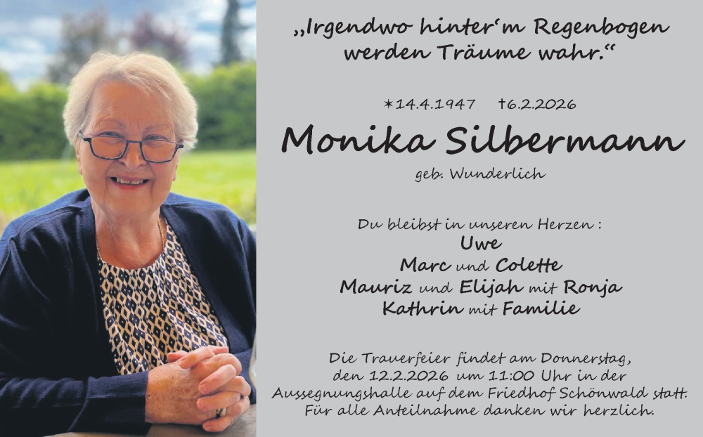  Traueranzeige für Monika Silbermann vom 10.02.2026 aus Frankenpost